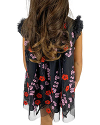 Helena and Harry Girl's Black/ Red/ Pink Embroidered Floral Tuelle Dress