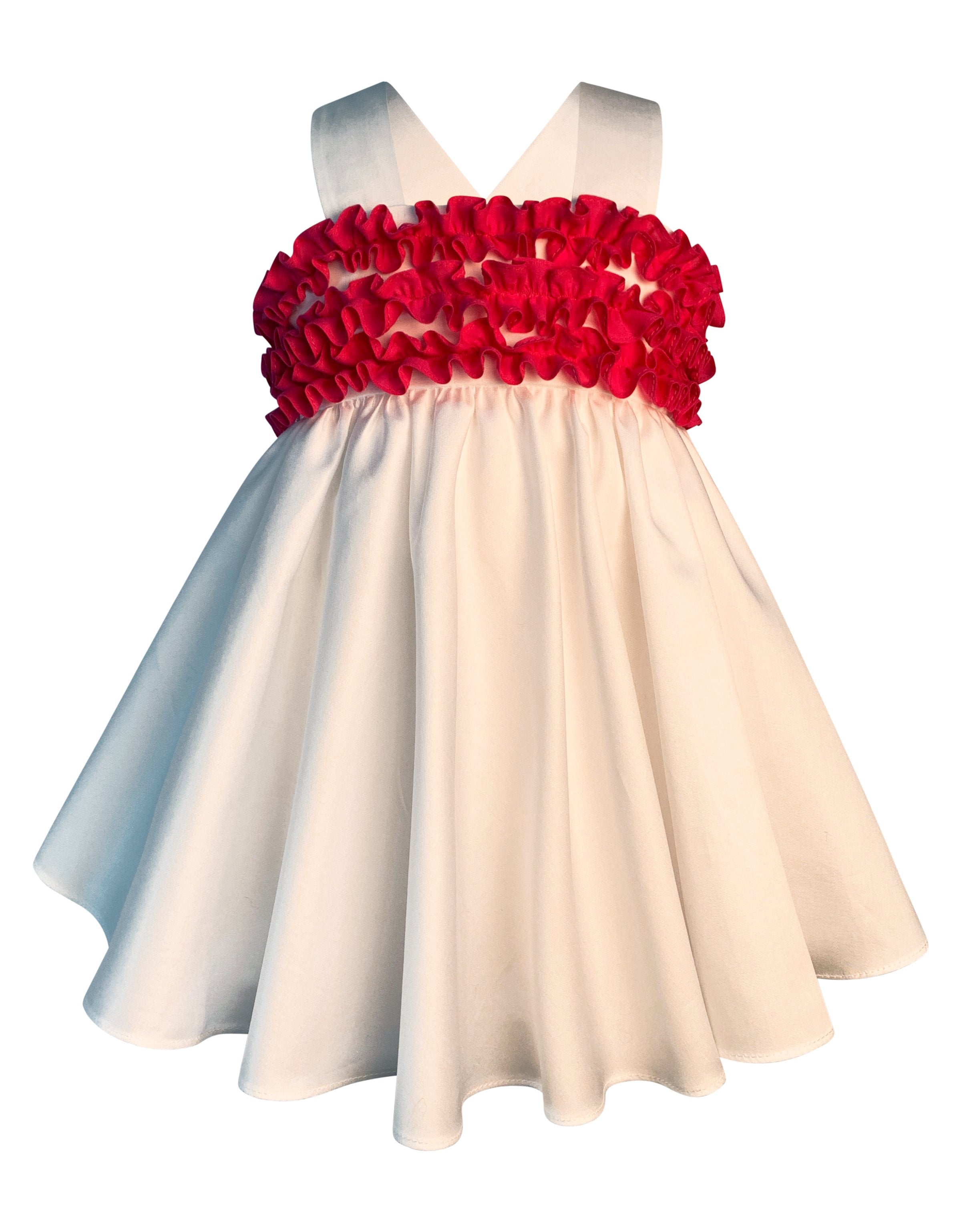 HELENA Girl's White Sundress with Bright Fuchsia Ruffles