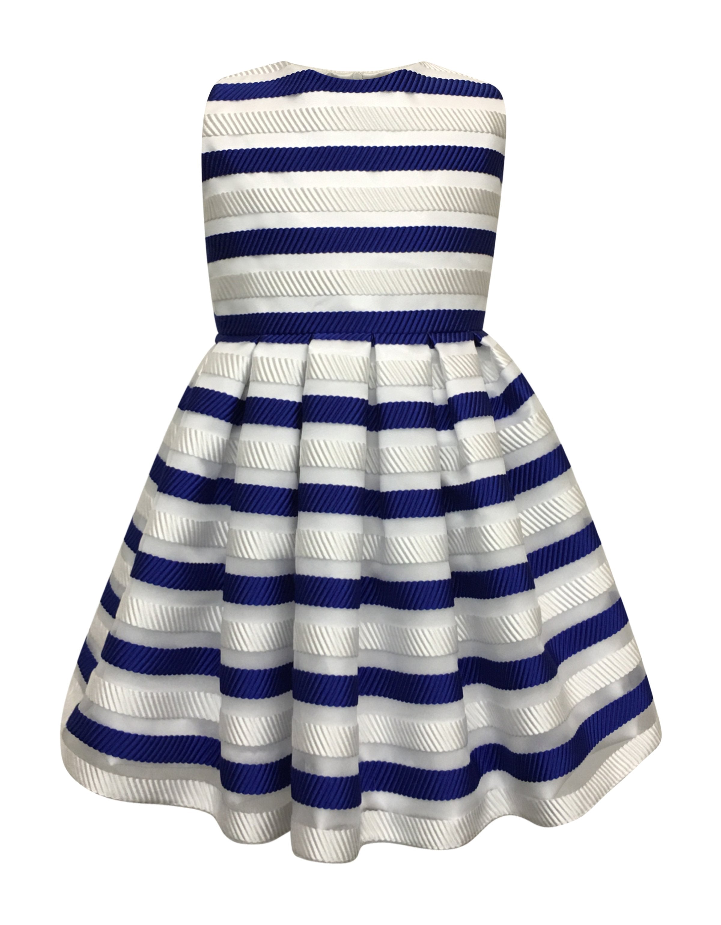 HELENA Girl's Royal and White Horizontal Striped Organza Dress