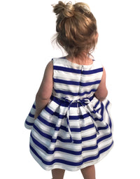HELENA Girl's Royal and White Horizontal Striped Organza Dress