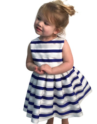HELENA Girl's Royal and White Horizontal Striped Organza Dress
