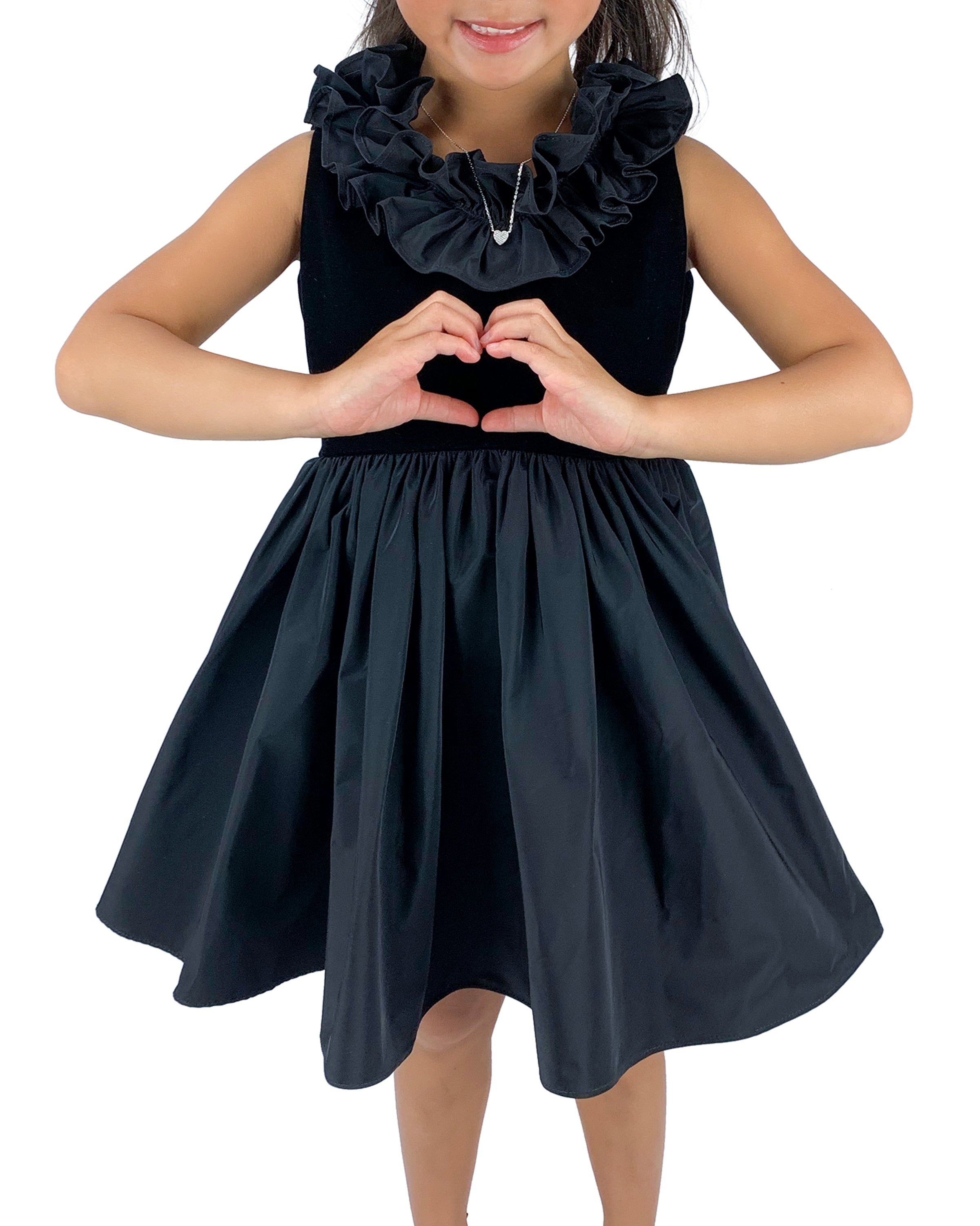 Helena and Harry Girl's Black Velvet/Taffeta Ruffle Neck Dress