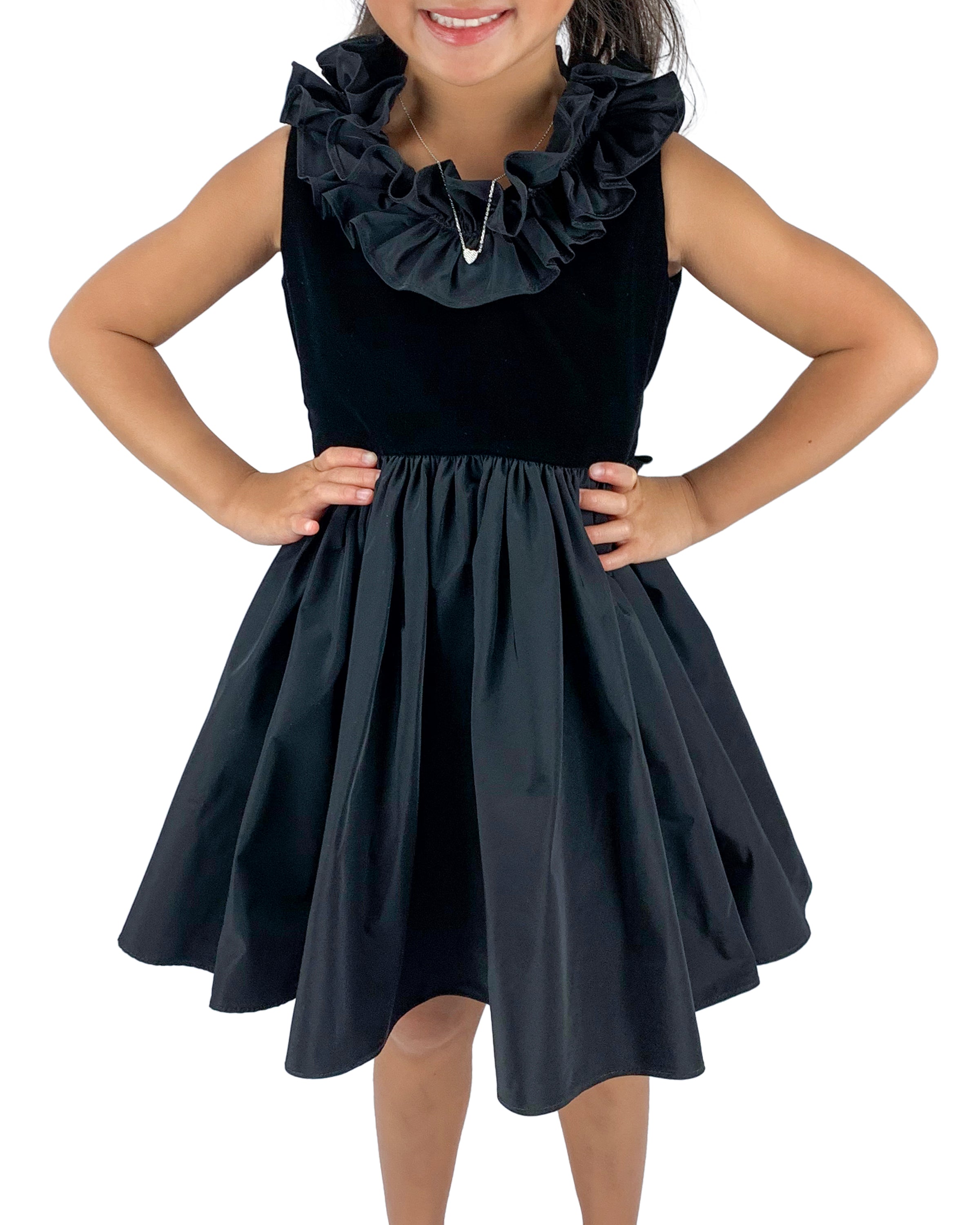 Helena and Harry Girl's Black Velvet/Taffeta Ruffle Neck Dress