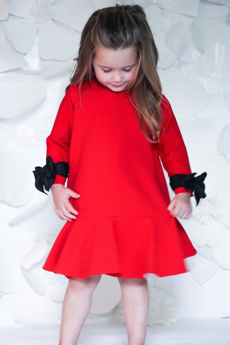 Helena and Harry Girl's Red Long Sleeve with Wrist Bows Dress