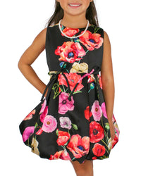 Helena and Harry Girl's Black Floral Printed Taffeta Bubble Dress