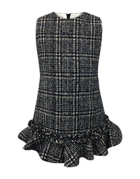 Helena and Harry Girl's Navy and Ivory Plaid Tweed Dress with Ruffles