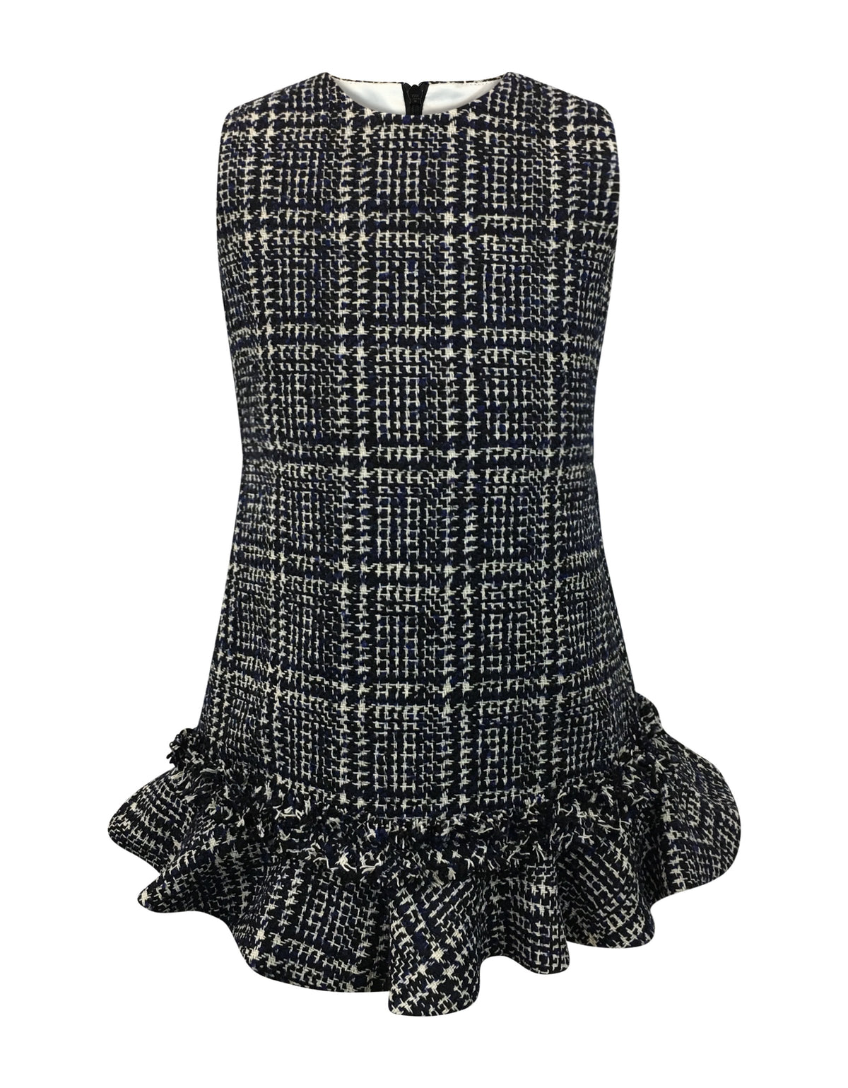 Helena and Harry Girl's Navy and Ivory Plaid Tweed Dress with Ruffles